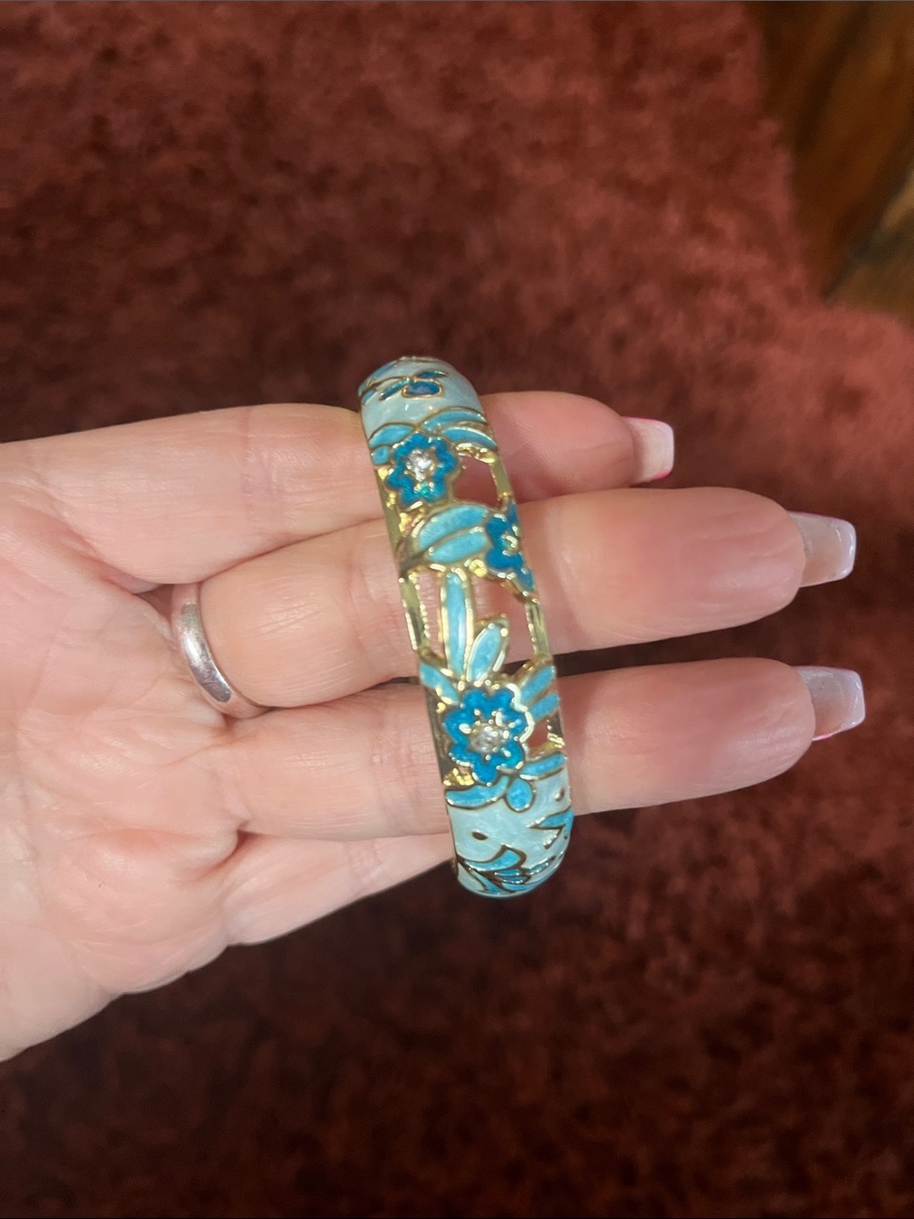 Turquoise Floral Cloisonné Bangle clamper Bracelet - Women Jewelry